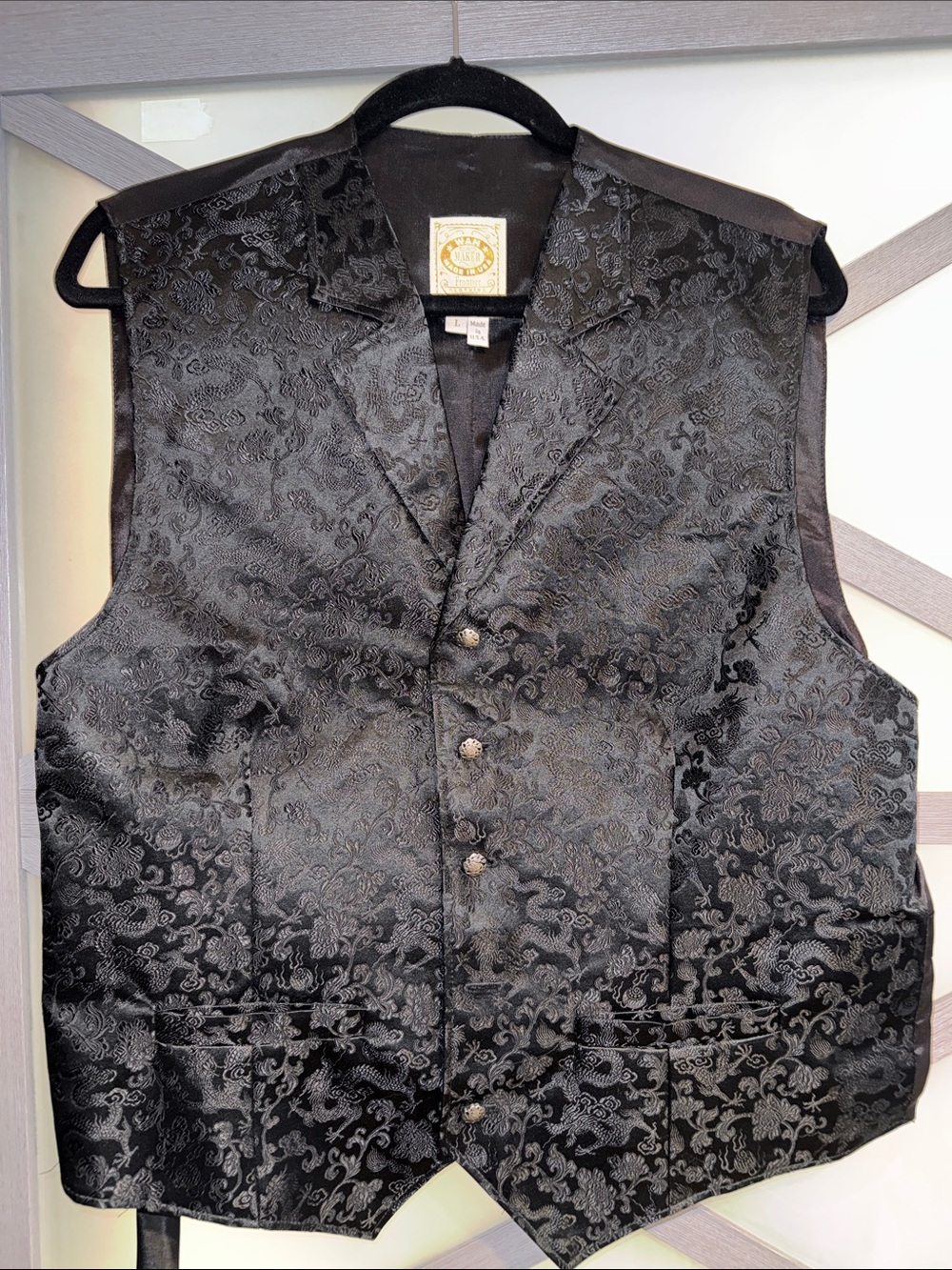 Vintage Wah Maker Frontier Black Dragon Brocade Vest L Made USA Western Gothic